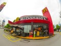 Mcdonald fast food restaurant in wide angle view.